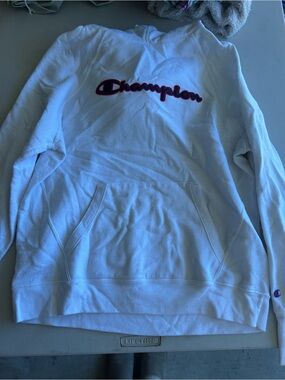 Champion White Sweatshirt with Red & Navy Logo